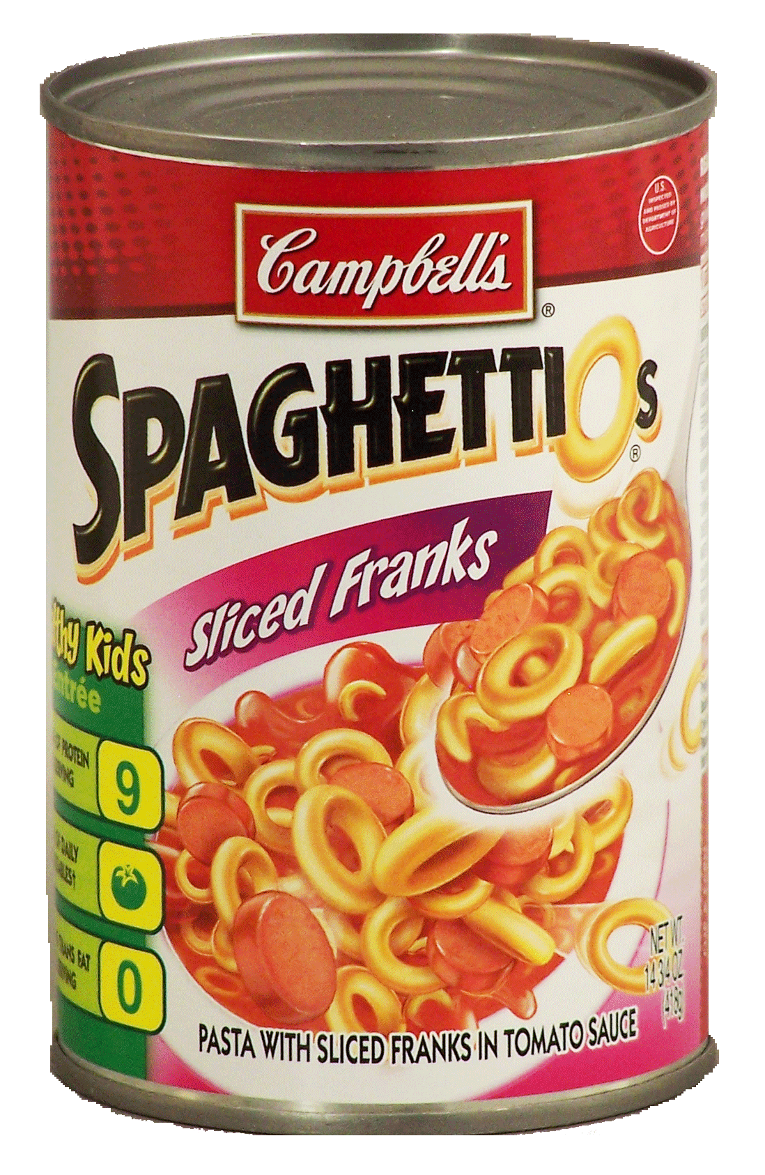 Campbell's&nbsp;Spaghettios&nbsp;pasta with sliced franks in tomato sauce Full-Size Picture